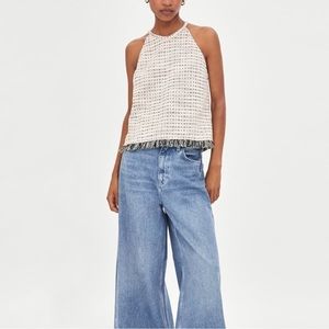 Zara Textured Knit Tweed Racerback High Neck Halter Fringe Tank Top Cami Preppy